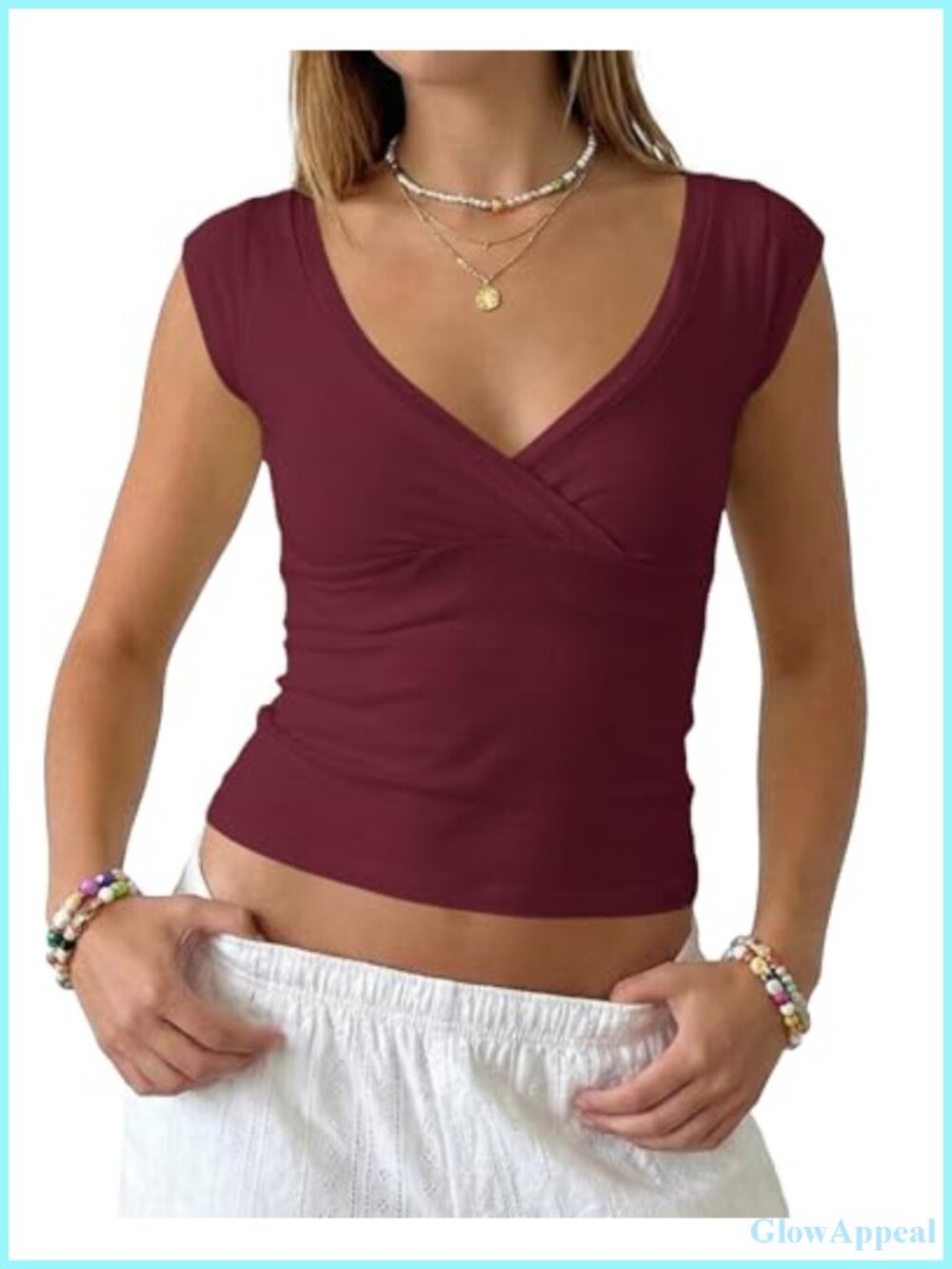 Women's V Neck Wrap Crop Tank Top Cap Sleeve Slim Fit Baby Tee
